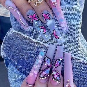 24pcs Long Coffin Butterfly Print Full Cover Fake Nail Press On Nails Manicure